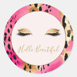 Girly Eyelashes Pink Glam Gold Sparkard Leopard Runder Aufkleber