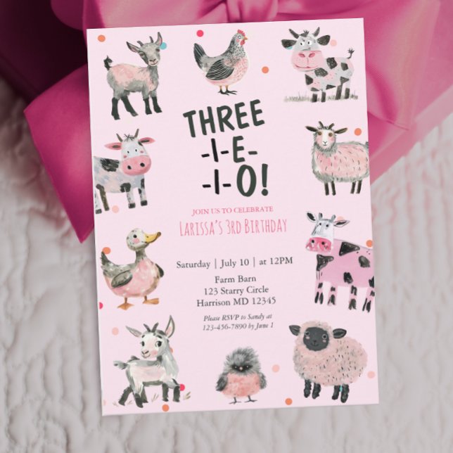Girly Farm Animal Third Birthday Invitation Einladung (Von Creator hochgeladen)