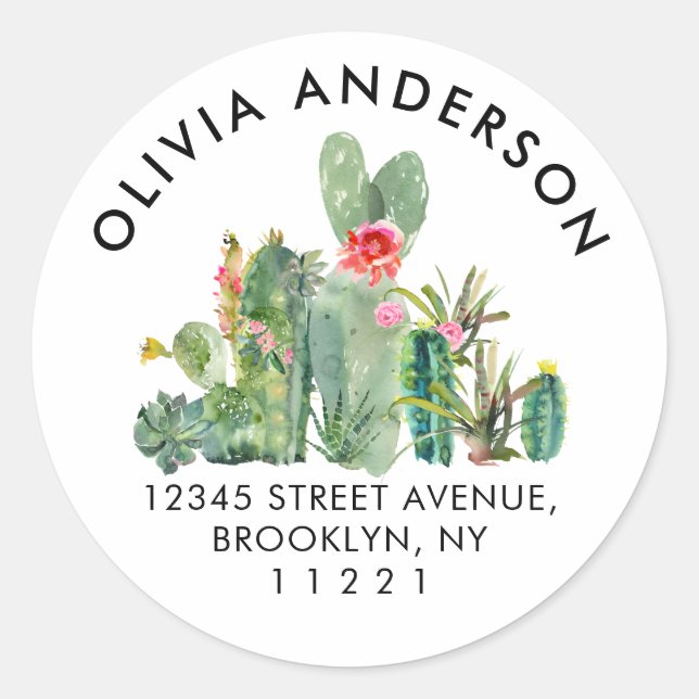 Girly Floral Cactus Cacti Sukkulente Rücksendeadre Runder Aufkleber (Vorderseite)