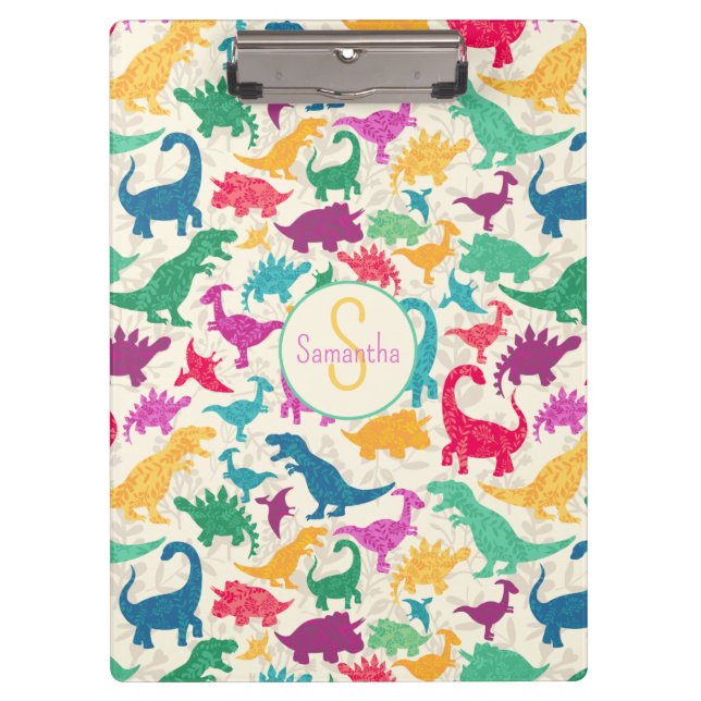 Girly Floral Dinosaur Silhouette Girls Klemmbrett (Vorderseite)