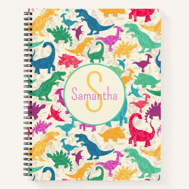 Girly Floral Dinosaur Silhouette Girls Notizbuch (Vorderseite)
