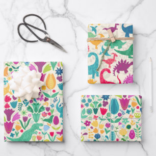 Girly Floral Dinosaur Silhouette Maximal Folk Geschenkpapier Set