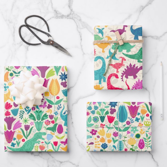 Girly Floral Dinosaur Silhouette Maximal Folk Geschenkpapier Set (Vorderseite)