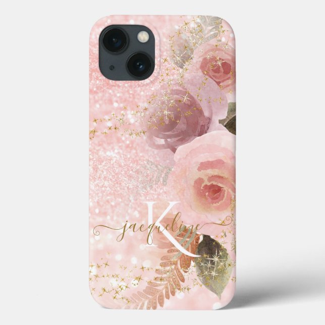 Girly Floral Eleganter Rosa Glitzer Goldene Sterne Case-Mate iPhone Hülle (Rückseite)