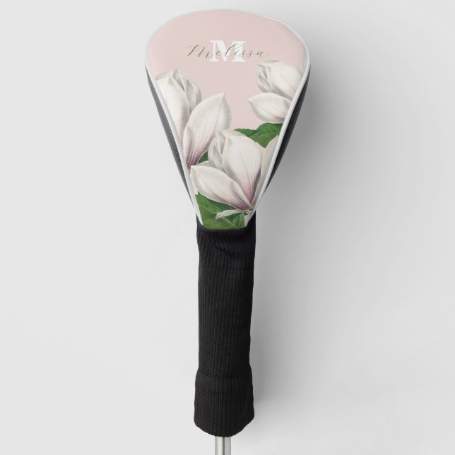 Girly Floral Magnolia Rosa Monogram Name Golf Headcover (Vorderseite)