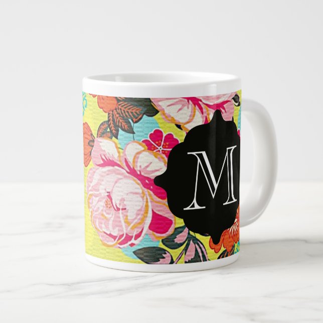 Girly Floral Paisley Monogram Giant Tasse (Vorderseite Rechts)