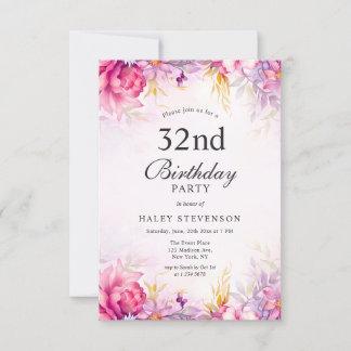 Girly Floral Pastel Watercolor Chic 32. Geburtstag Einladung