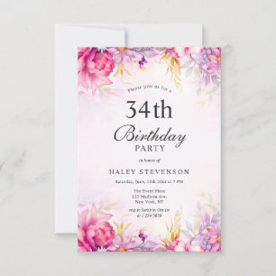 Girly Floral Pastel Watercolor Chic 34. Geburtstag Einladung