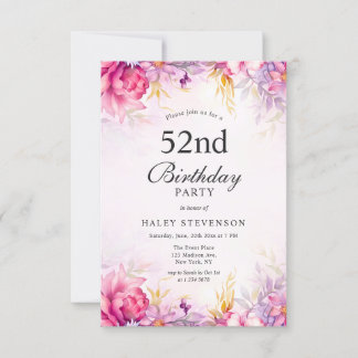 Girly Floral Pastel Watercolor Chic 52. Geburtstag Einladung