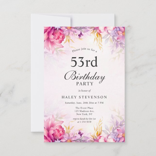 Girly Floral Pastel Watercolor Chic 53. Geburtstag Einladung (Vorderseite)