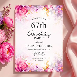 Girly Floral Pastel Watercolor Chic 67. Geburtstag Einladung