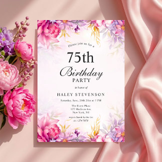 Girly Floral Pastel Watercolor Chic 75. Geburtstag Einladung