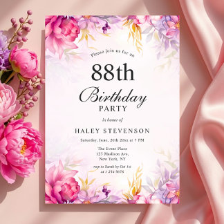 Girly Floral Pastel Watercolor Chic 88. Geburtstag Einladung