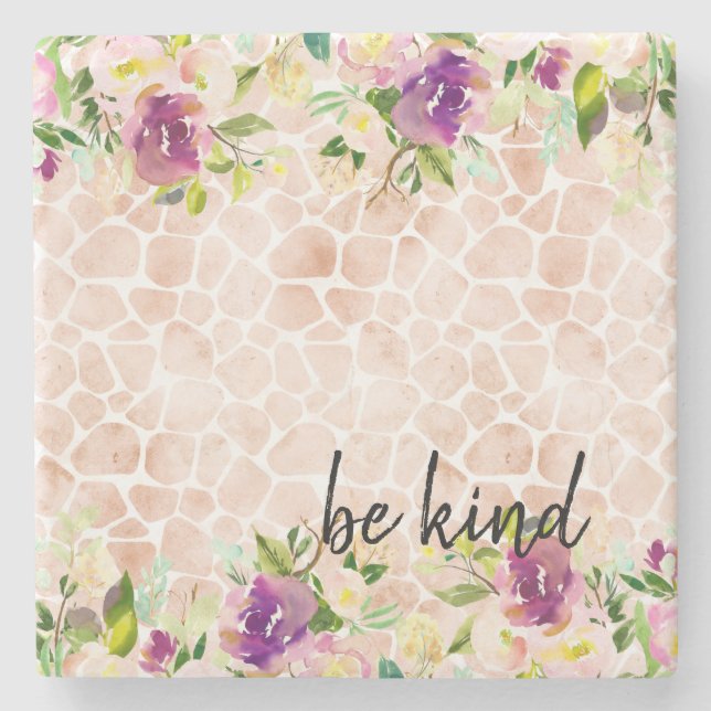 Girly Floral Peach Giraffe Print Watercolor Steinuntersetzer (Vorderseite)