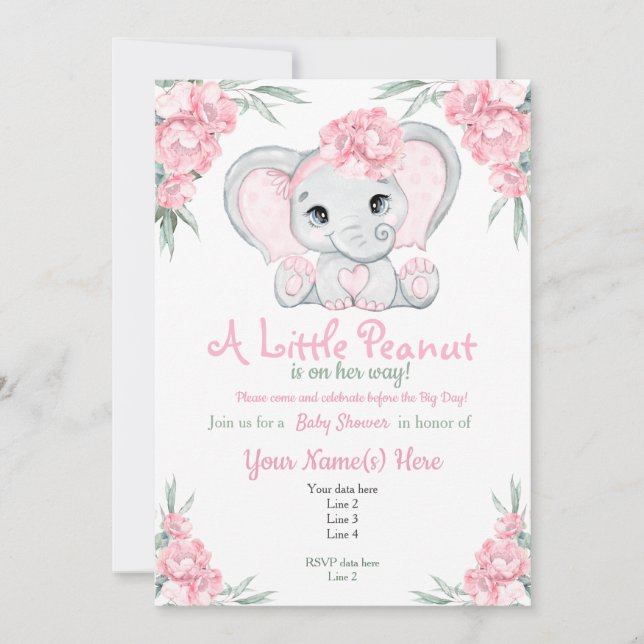 Girly Floral Pink Elephant Baby Dusche Einladung (Vorderseite)