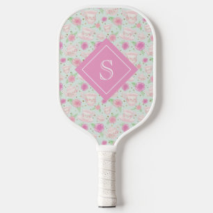 Girly Floral Pink Tee Cups Muster Personalisiert Pickleball Schläger