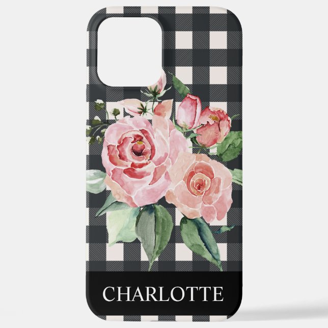 Girly Floral Schwarz-weiß Buffalo Karierter Name iPhone Hülle (Rückseite)