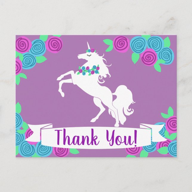 Girly Floral Unicorn & Blume Vielen Dank Postkarte (Vorderseite)