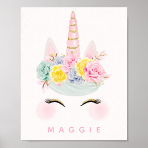 Girly Floral Unicorn Pink Gold Personalisiert Poster