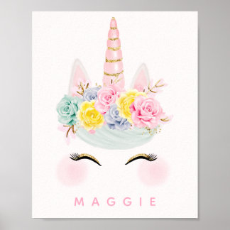 Girly Floral Unicorn Pink Gold Personalisiert Poster