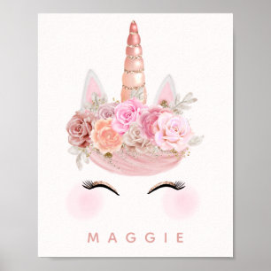 Girly Floral Unicorn Rose Gold Personalisiert Poster