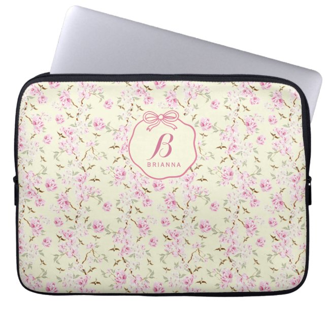 Girly Floral Yellow Pink Bow Coquette Monogram Laptopschutzhülle (Vorderseite)