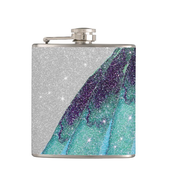 Girly funkelnd aquamariner blauer und schwarzer flachmann (Vorderseite)