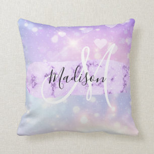 Girly Funkelnd Unicorn Rainbow Hearts Monogram Kissen