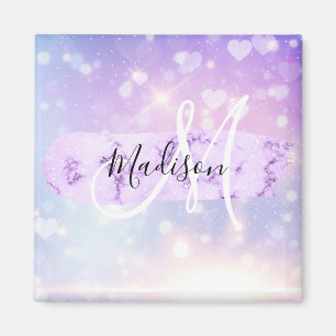 Girly Funkelnd Unicorn Rainbow Hearts Monogram Magnet