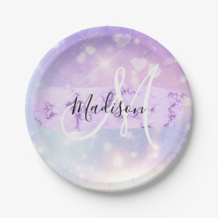 Girly Funkelnd Unicorn Rainbow Hearts Monogram Pappteller