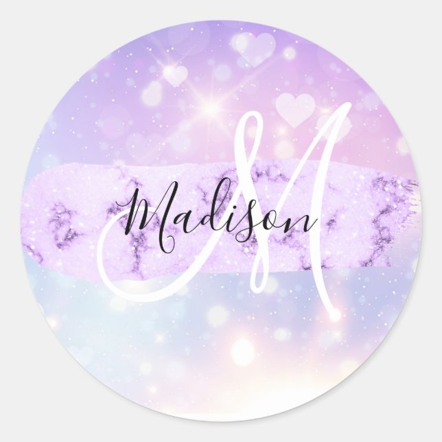 Girly Funkelnd Unicorn Rainbow Hearts Monogram Runder Aufkleber (Vorderseite)
