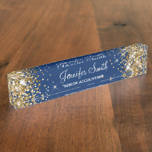 Girly Funkelndes Gold Glitter Navy Blau Namensplakette