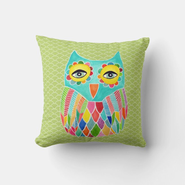 Girly Funky Modern Lime Green Owl Art Cushion Kissen (Vorderseite)