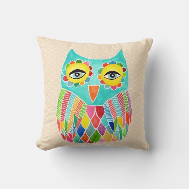 Girly Funky Modern Unique Owl Art Cushion Kissen (Vorderseite)
