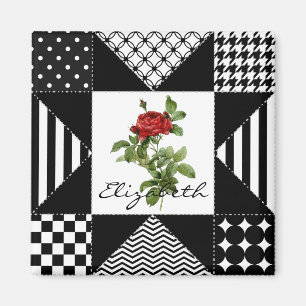 Girly geometrische Schwarzweiss-rote Rose mit Magnet