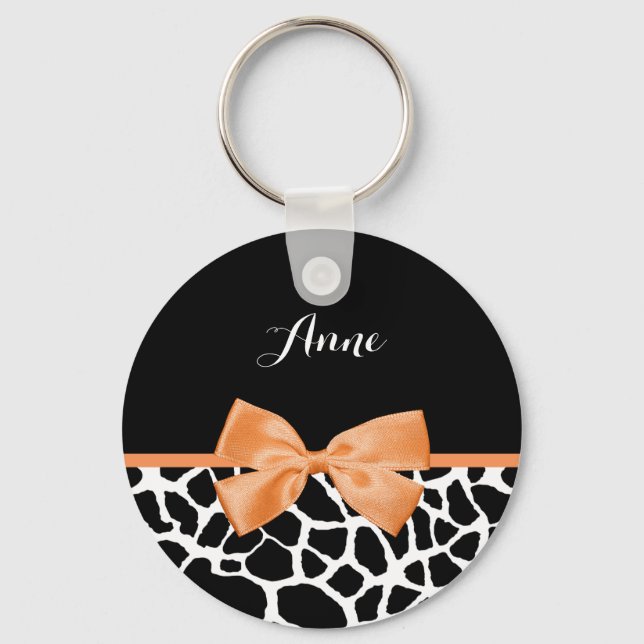 Girly Giraffe Print Orange Ribbon Bow mit Namen Schlüsselanhänger (Vorderseite)