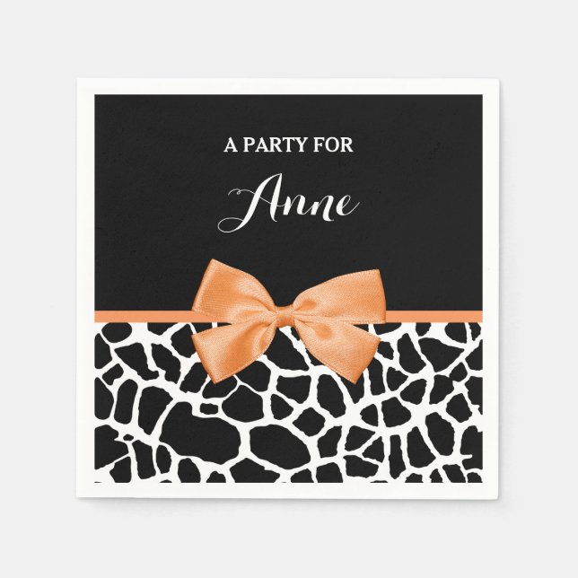 Girly Giraffe Print Orange Ribbon Bow mit Namen Serviette (Vorderseite)