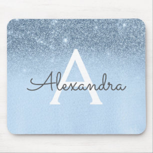 Girly Glam Baby Blue Sparkle Glitzer Monogram Mousepad