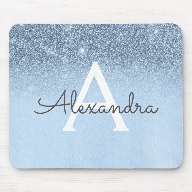 Girly Glam Baby Blue Sparkle Glitzer Monogram Mousepad (Vorne)