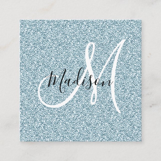 Girly & Glam Blue Silver Glitzer Sparkle Monogram Quadratische Visitenkarte (Vorderseite)