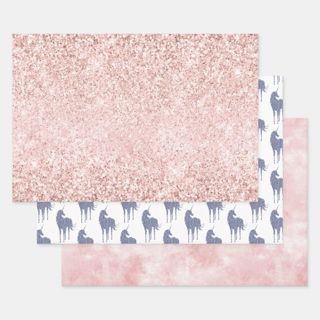 Girly Glam Blush Pink Lila Einhorn Glitzer Geschenkpapier Set (Set)