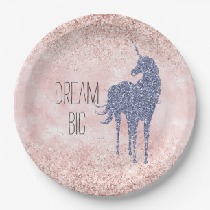 Girly Glam Blush Pink Lila Unicorn Glitzer Pappteller