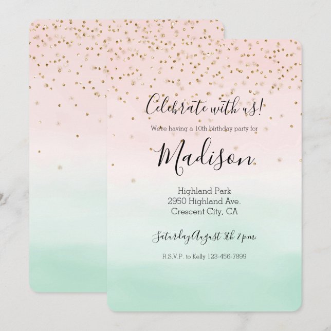 Girly Glam Blush Pink Mint Gold Sparkle Confetti Einladung (Vorne/Hinten)