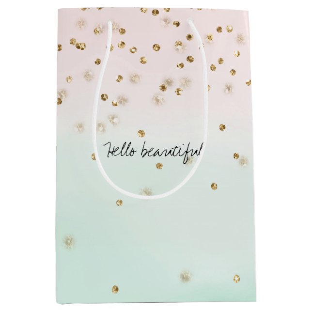 Girly Glam Blush Pink Mint Gold Sparkle Confetti Mittlere Geschenktüte (Vorderseite)