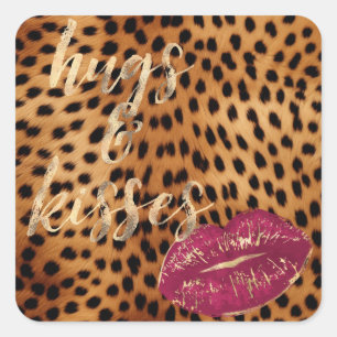 Girly Glam Cheetah Leopard Hugs & Kisses Lips Quadratischer Aufkleber