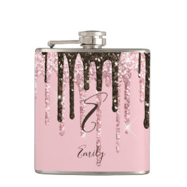 Girly Glam Chic Pink Glitzern Modern Monogram Flachmann