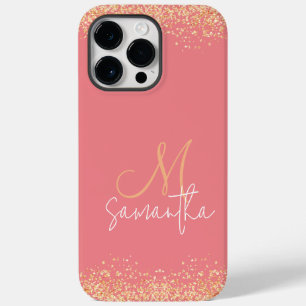 Girly Glam Glittery Pink & Gold Monogram Case-Mate iPhone 14 Pro Max Hülle