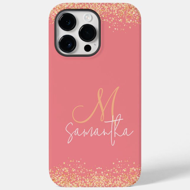 Girly Glam Glittery Pink & Gold Monogram Case-Mate iPhone Hülle (Rückseite)