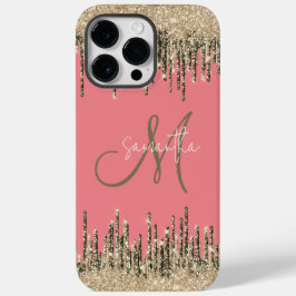 Girly Glam Glittery Pink & Golden Monogram Case-Mate iPhone 14 Pro Max Hülle