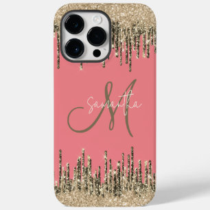 Girly Glam Glittery Pink & Golden Monogram Case-Mate iPhone 14 Pro Max Hülle